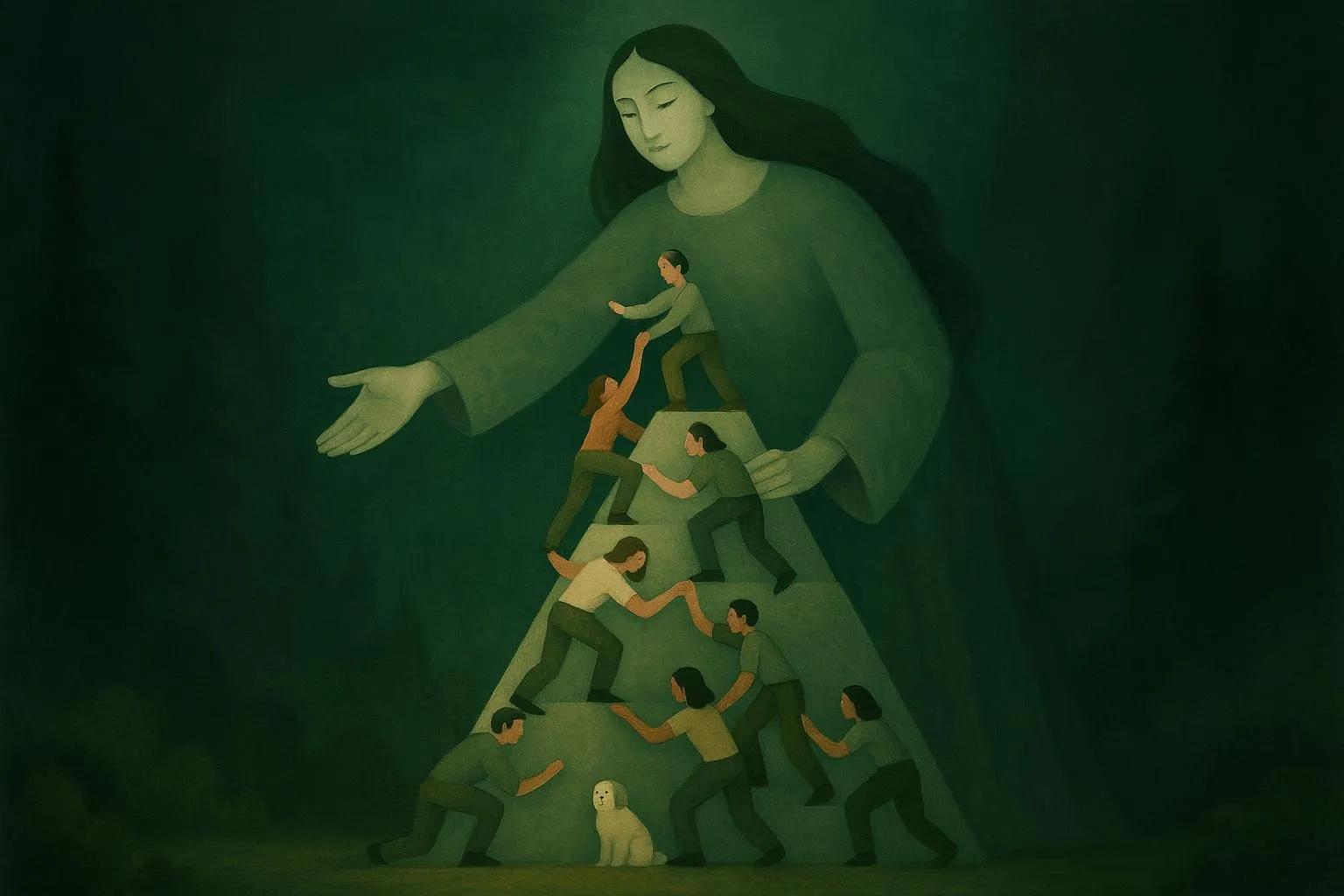 A divine figure lifting a pyramid of people upward, each person helping the next, symbolizing collective human dignity and stewardship