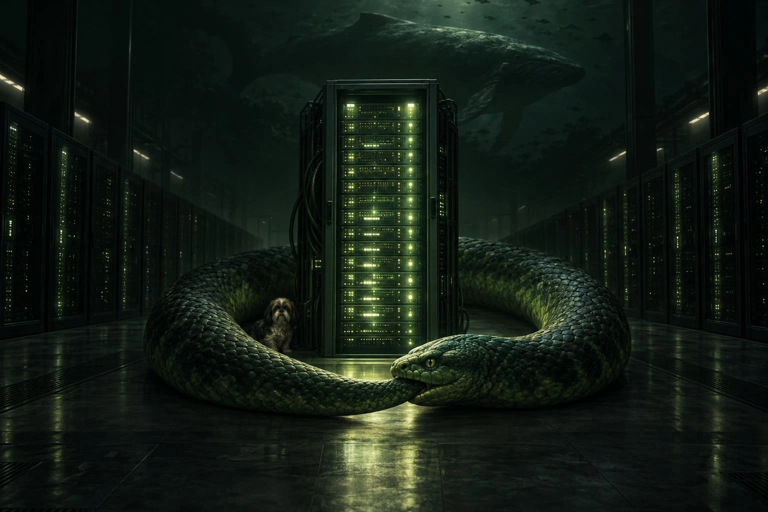 A dark forest-green illustration of a great snake coiled in a ring around a glowing server rack, a whale silhouette above, and a tiny dog tucked between the coils.