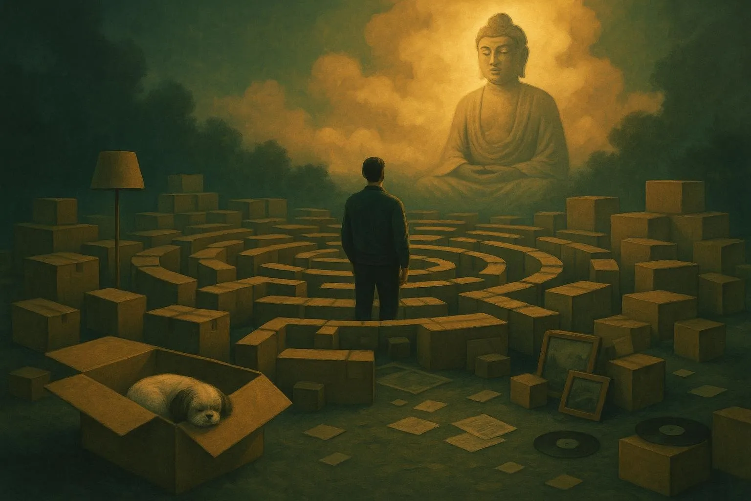 Boxes, old artifacts, and AI fragments arranged like a strange personal archaeology.