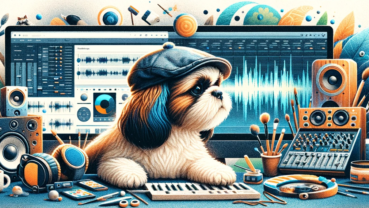 Dayzee the Shih-Tzu working in her studio.