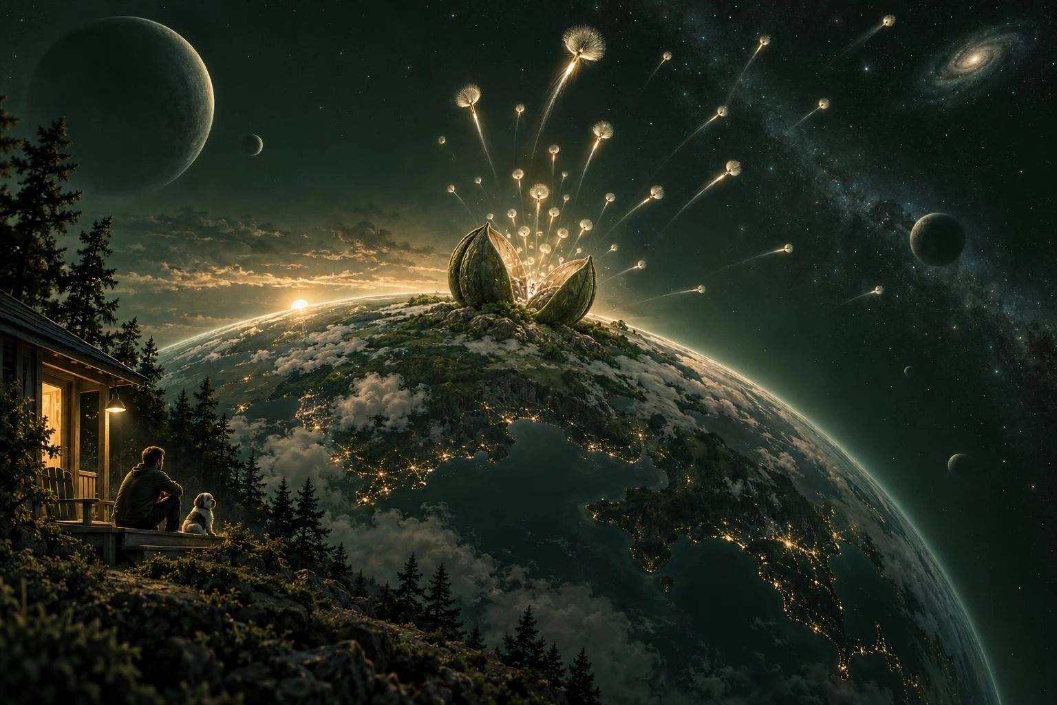 A dark forest-green illustration of a small planet at dusk, a seed pod at its crown releasing glowing spores like rocket trails into space, and a lone figure sitting with a dog on a porch under a warm light.
