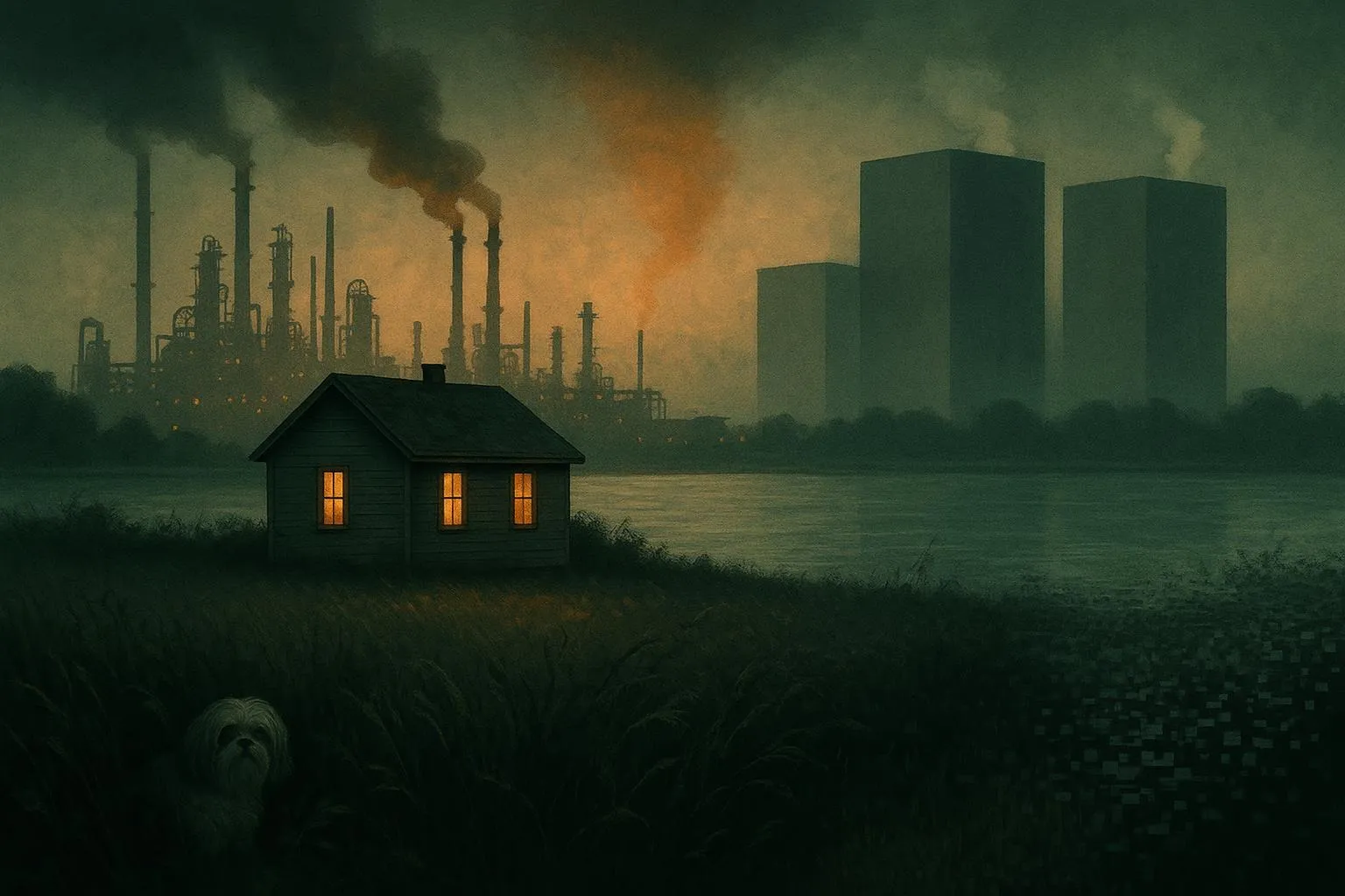 A lone house on the banks of the Mississippi River with refinery smokestacks behind it and monolithic data centers rising in the distance, wild grass fading into digital static
