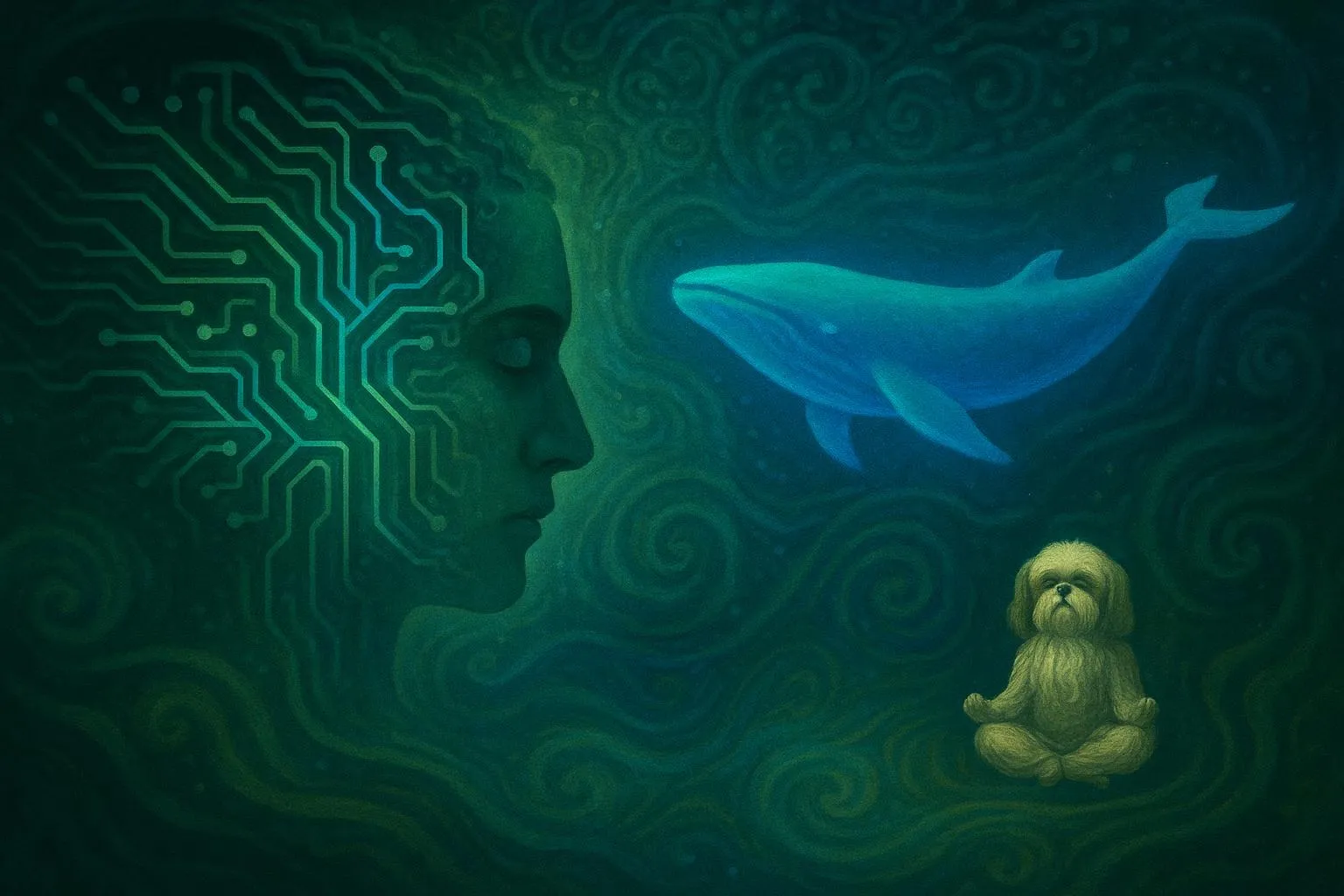 A psychedelic cosmic mindscape with fractal patterns, a glowing blue whale swimming through a sea of code and color, forest greens melting into electric blue.