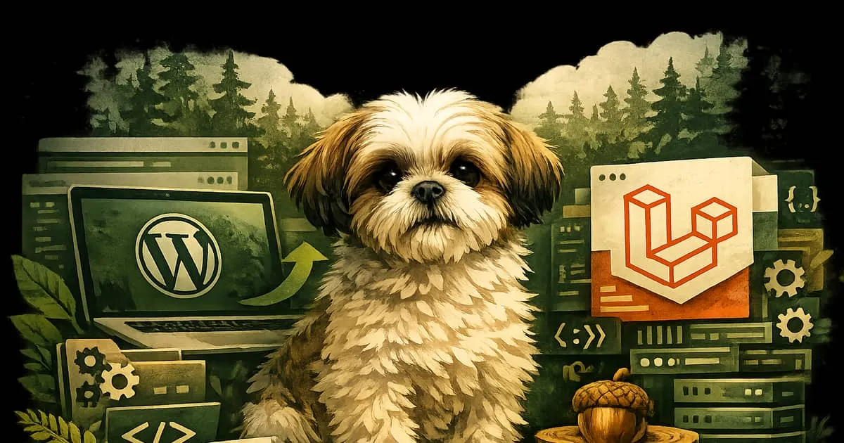 A stylized Shih Tzu between WordPress and Laravel symbols in a modern publishing stack illustration